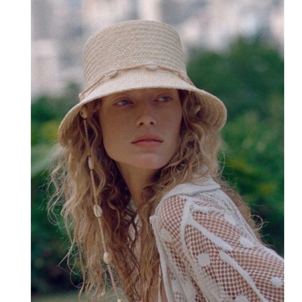 NWT Wyeth Seashell Straw Bucket Hat Womens OS Tan Coastal Boho Festival Beach